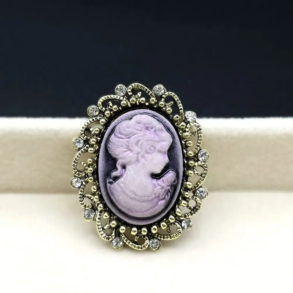 Yellow Gold and Purple with Diamond Crystal Victorian Lady Cameo Pin Back Brooch